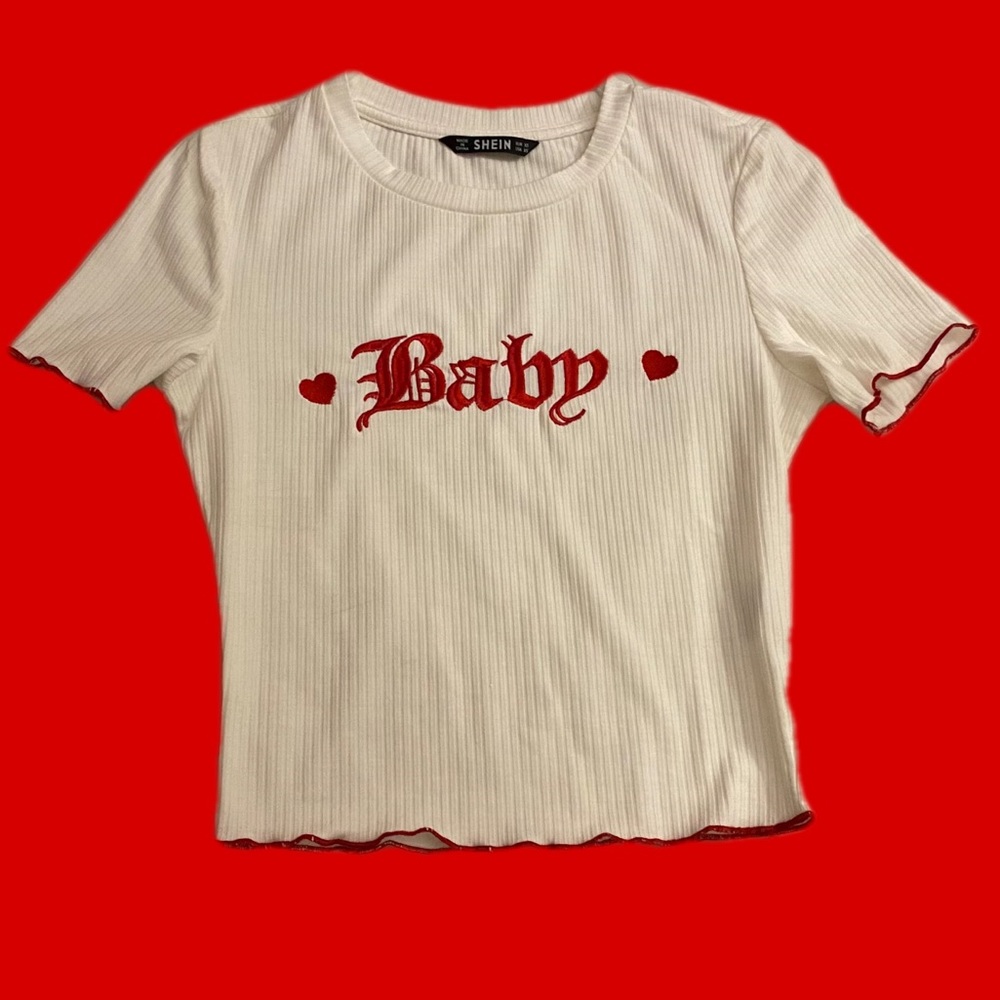 SHEIN Heart Embroidery Letter Rib-Knit Contrast Lettuce Trim Top size small